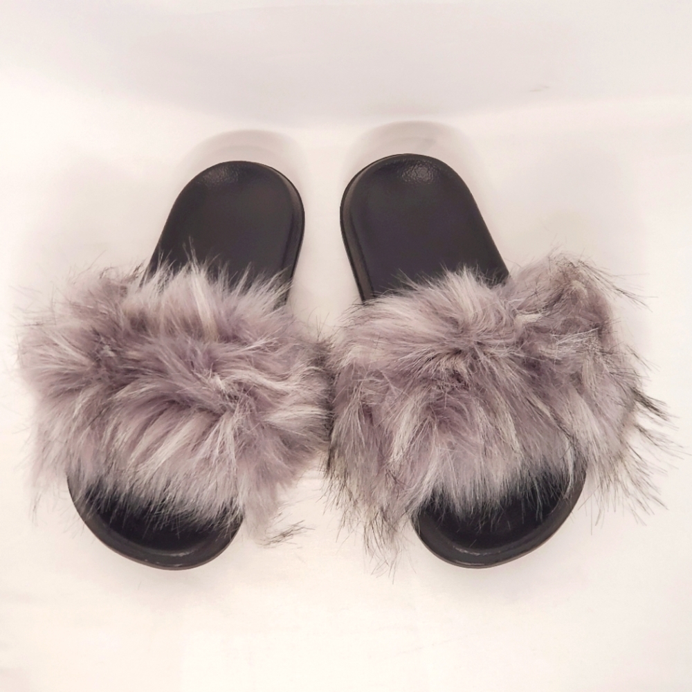 Women's Anti-Slip Grey Faux Fur Fluffy Slippers